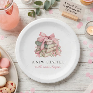 A New Chapter Pink Bow Floral Books Baby Shower  Paper Plate
