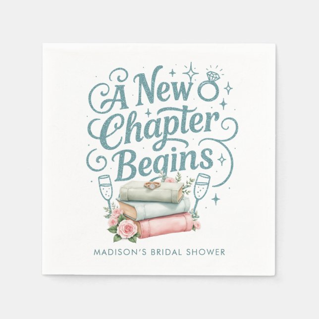 A New Chapter Quote Teal Glitter Bridal Shower Napkin (Front)
