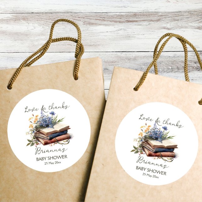A new chapter story book baby shower favour classic round sticker (A new chapter story book baby shower thank you favor sticker baby shower favors books wildflowers)
