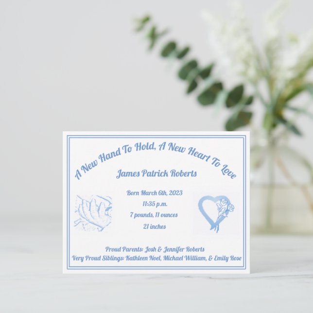 A New Hand To Hold Birth Announcement - Baby Boy Postcard (Standing Front)