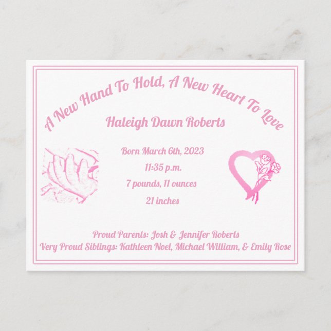 A New Hand To Hold Birth Announcement - Baby Girl Postcard (Front)
