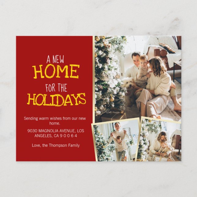 A New Home For Holidays Red Photo Moving Announcement Postcard (Front)