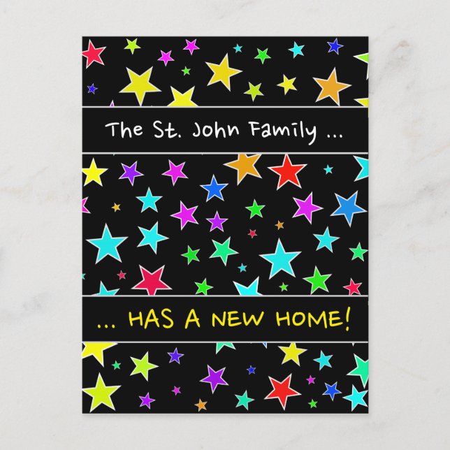 "A NEW HOME!"; Fun, Colourful Stars Pattern Announcement Postcard (Front)