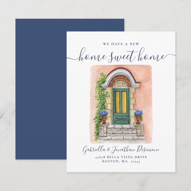 A New Home Sweet Home Watercolor Door Blue Moving  Announcement (Front/Back)