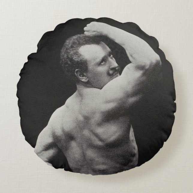 A New Pose by StrongMen Eugen Sandow Bodybuilding Round Cushion (Front)