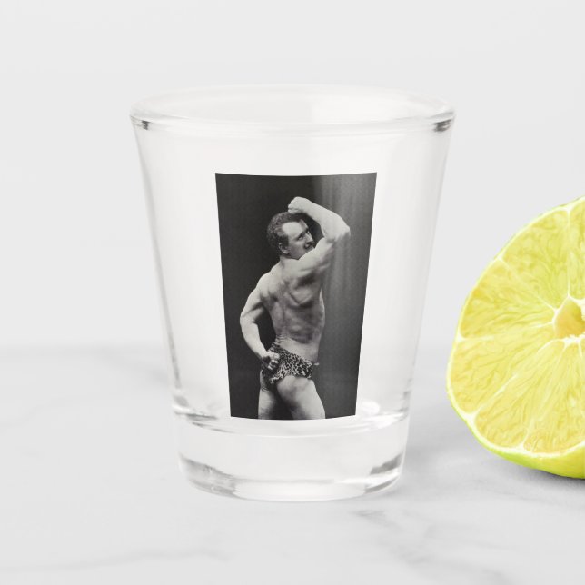 A New Pose by StrongMen Eugen Sandow Bodybuilding Shot Glass (Front)