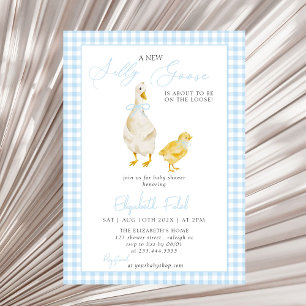 A New Silly Goose Blue Gingham Baby Shower Invitation