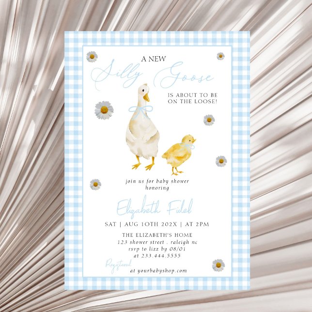 A New Silly Goose Blue Gingham Baby Shower Invitation (Creator Uploaded)