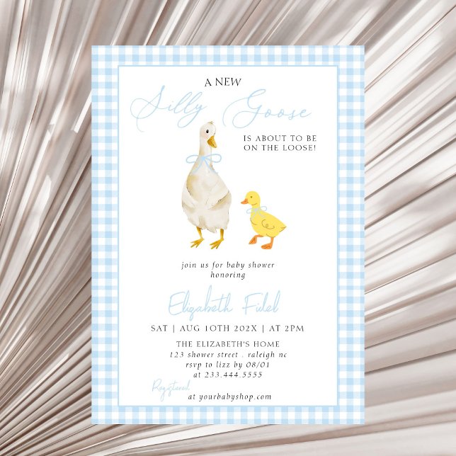 A New Silly Goose Blue Gingham Baby Shower Invitation (Creator Uploaded)