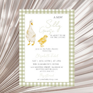 A New Silly Goose Green Gingham Baby Shower Invitation