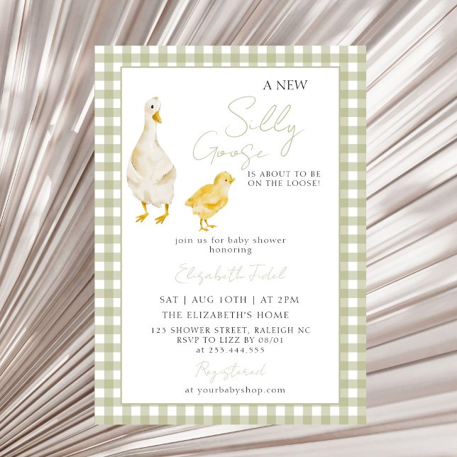 A New Silly Goose Green Gingham Baby Shower Invitation (Creator Uploaded)