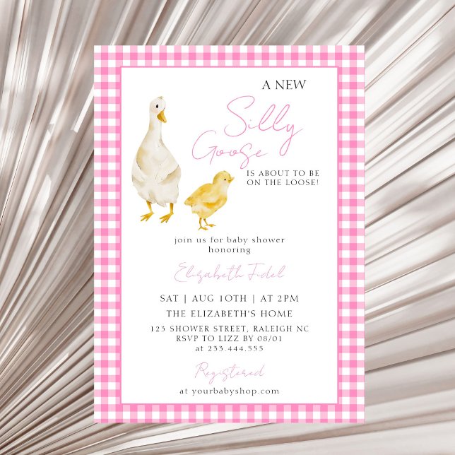 A New Silly Goose Pink Gingham Baby Shower Invitation (Creator Uploaded)
