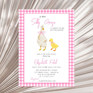 A New Silly Goose Pink Gingham Baby Shower Invitation