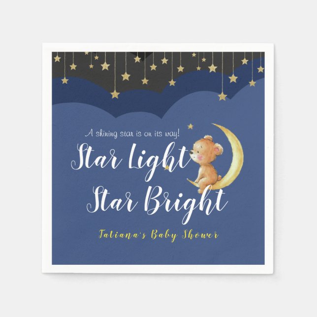 A Newborn Star Night Sky Bear On Moon Baby Shower Napkin (Front)