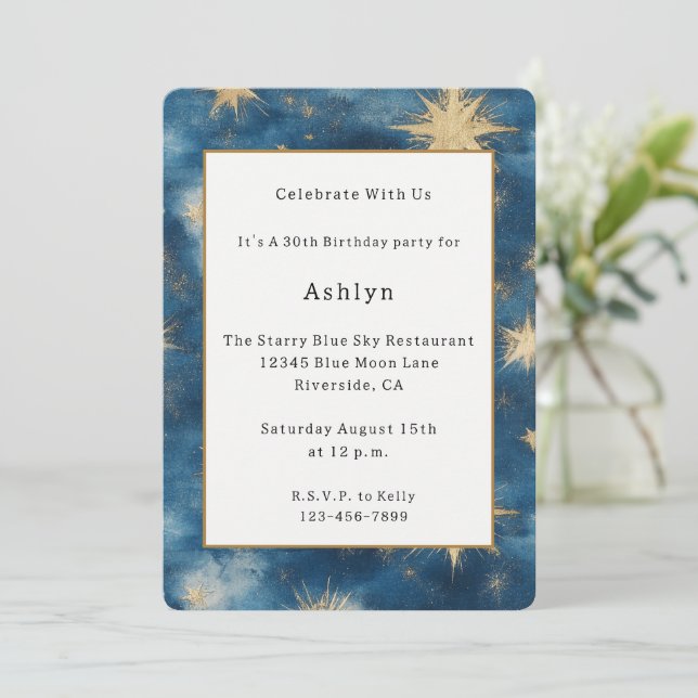A Night Under the Stars Celestial Blue Birthday Invitation (Standing Front)