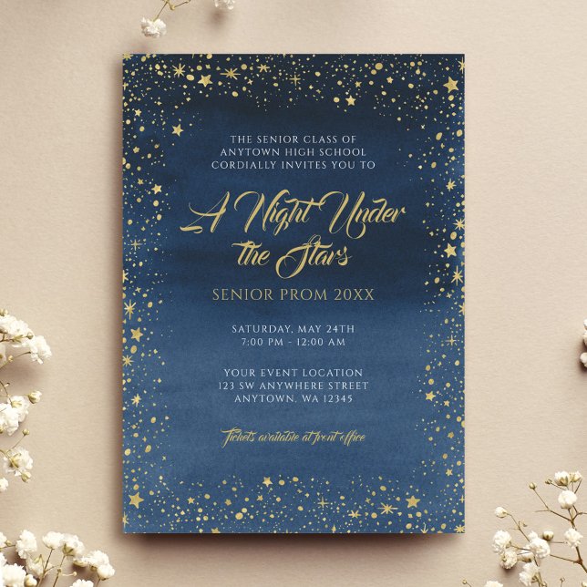 A Night Under the Stars Gold Navy Blue Prom Invitation (Creator Uploaded)
