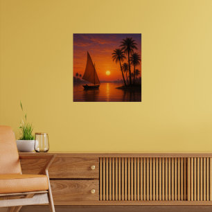 A Nile River Sunset Palm Trees Felucca Egyptian Ar Poster