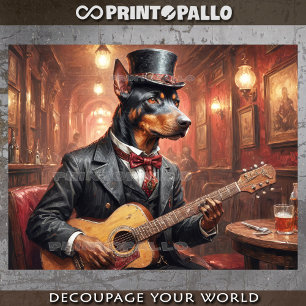 A noble doberman dog playing guitar in a pub - tissue paper