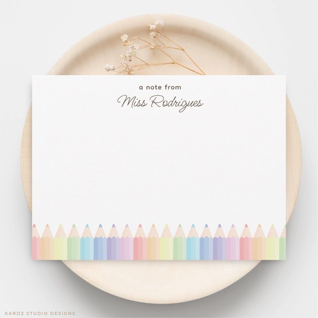 A Note From Pastel Rainbow Pencils Teacher Note Card (Note card shown in 4.5 x 6.25 inches. Add name, choose a size, paper, and corner style.)