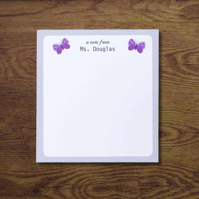 A Note From Teacher Notepad (Purple butterflies notepad for teacher.)
