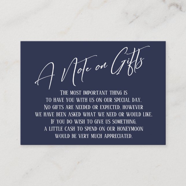 A Note on Gifts Modern Handwriting Navy Blue Enclosure Card (Front)