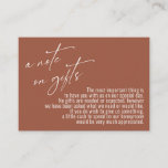 A Note on Gifts Modern Handwriting Terracotta Enclosure Card<br><div class="desc">These simple, distinctive card inserts were designed to match other items in a growing event suite that features a modern casual handwriting font over a plain background you can change to any colour you like. On the front side you read "a note on gifts" in the featured type; on the...</div>