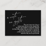 A Note on Gifts Modern Handwriting Wedding Black Enclosure Card<br><div class="desc">These simple, distinctive card inserts were designed to match other items in a growing event suite that features a modern casual handwriting font over a plain background you can change to any colour you like. On the front side you read "a note on gifts" in the featured type; on the...</div>