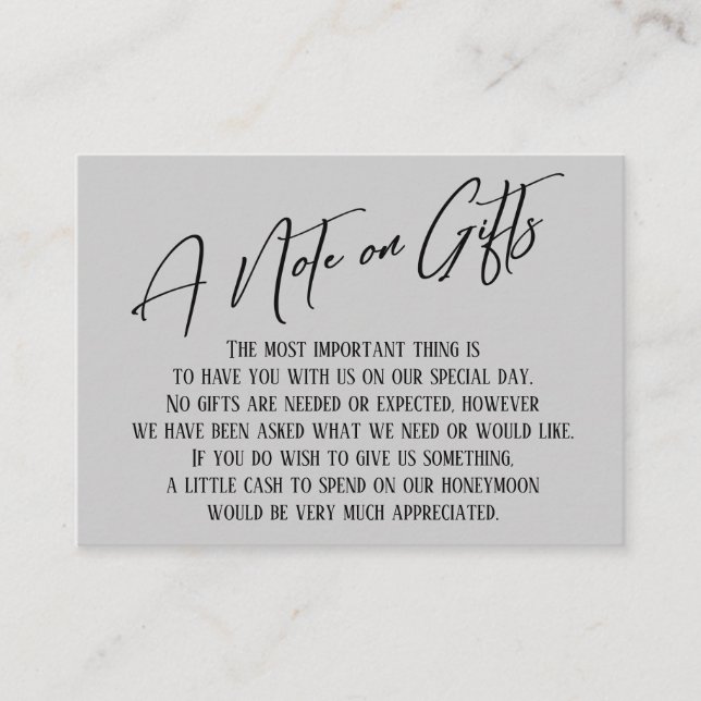 A Note on Gifts Modern Handwriting Wedding Grey Enclosure Card (Front)