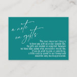 A Note on Gifts Modern Handwriting Wedding Teal Enclosure Card<br><div class="desc">These simple, distinctive card inserts were designed to match other items in a growing event suite that features a modern casual handwriting font over a plain background you can change to any colour you like. On the front side you read "a note on gifts" in the featured type; on the...</div>