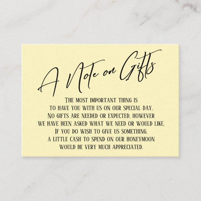 A Note on Gifts Modern Handwriting Wedding Yellow Enclosure Card (Front)
