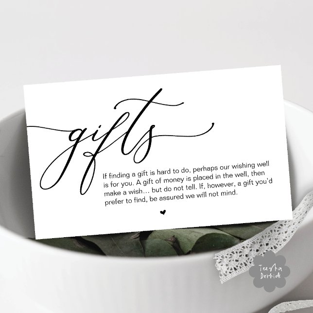 A note on gifts, Modern Romantic Wedding  Enclosure Card (A note on gifts, Modern Romantic Wedding Enclosure Card Cute Heart Honeymoon Cash Black White)