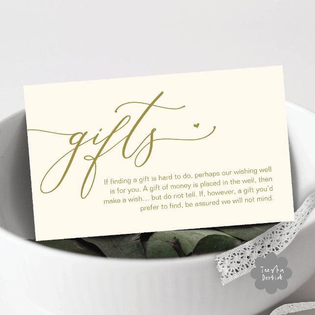 A note on gifts, Modern Romantic Wedding  Enclosure Card (A note on gifts, Modern Romantic Wedding Enclosure Card Cute Heart Honeymoon Cash Yellow Gold)