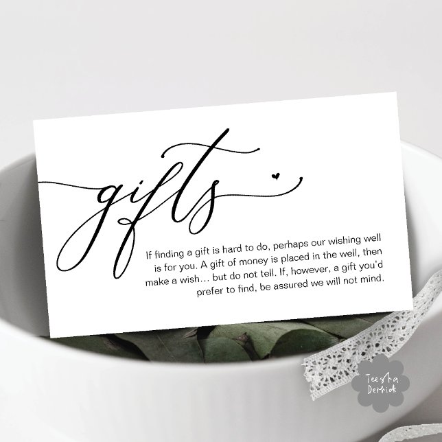 A note on gifts, Modern Romantic Wedding  Enclosure Card (A note on gifts, Modern Romantic Wedding Enclosure Card Cute Heart Honeymoon Cash Black White)