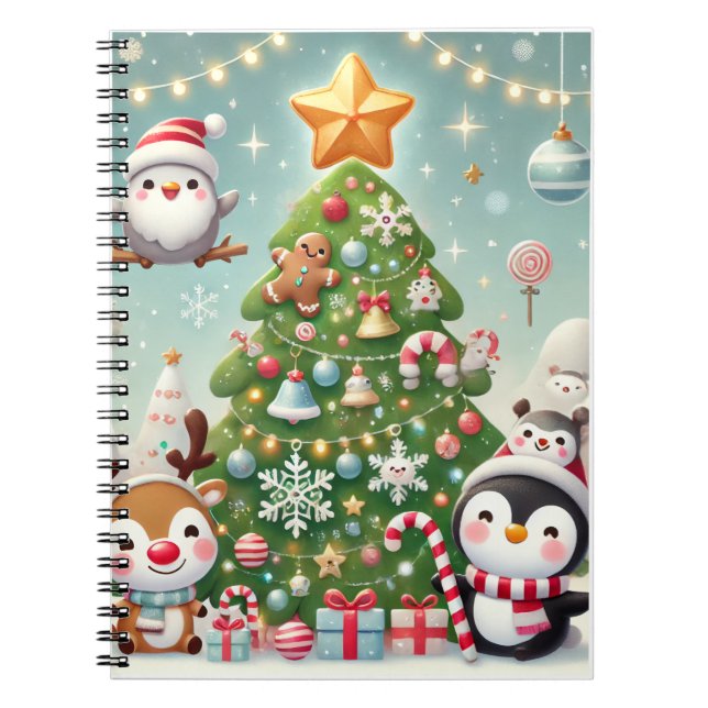 a notebook with a Christmas tree and fun character (Front)
