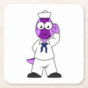A Pachycephalosaurus Dinosaur Navy Sailor. Square Paper Coaster
