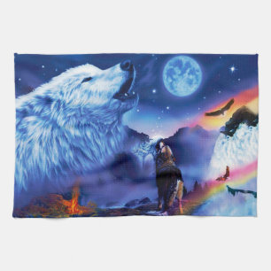 A pack of wolves on a dark night tea towel