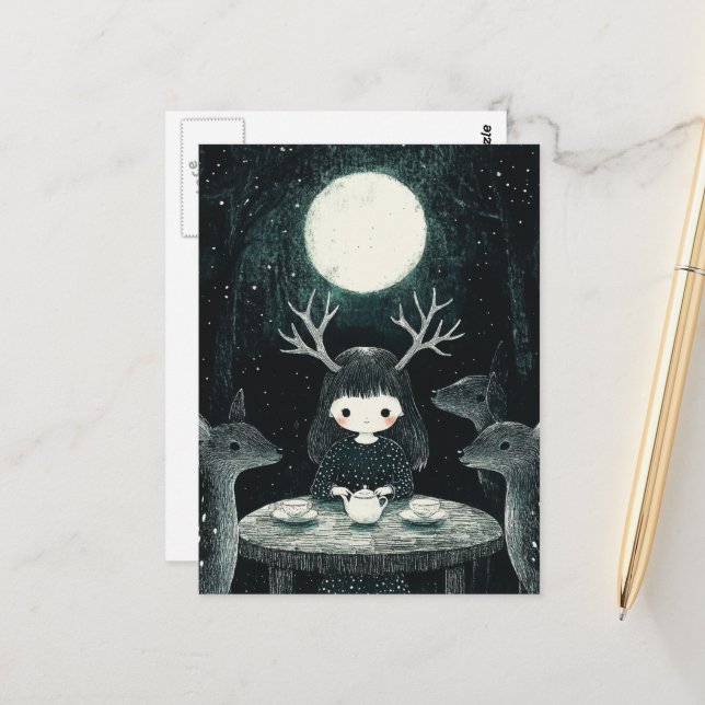 A Pagan Full Moon Picnic With Deer Postcard (Front/Back In Situ)