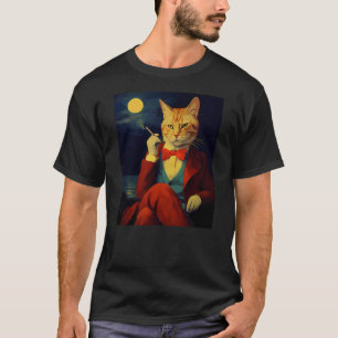 A Painting of a Cat Smoking a Cigarette At Night T-Shirt