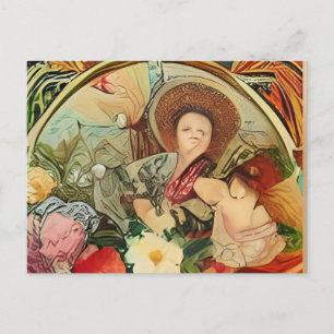 a painting of a dog laying on a blanket next to a  invitation postcard