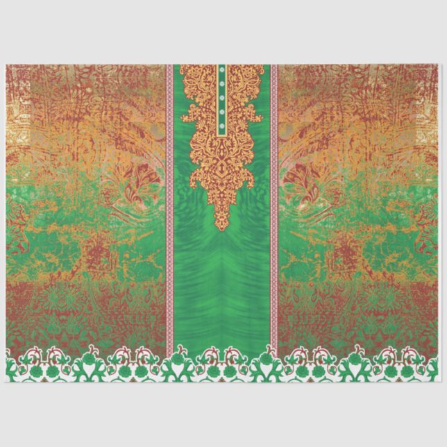 a painting of a green field with an orange border tissue paper (Front)