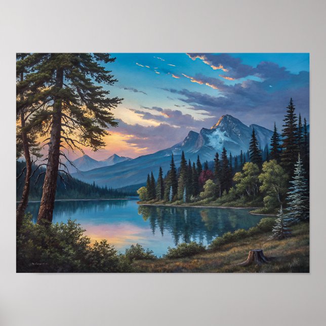 A painting of a mountain lake and trees in evening poster (Front)