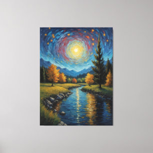 a painting of a river with trees and mountains canvas print