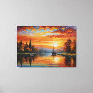 a painting of a sunset over a lake canvas print
