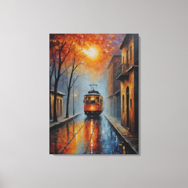 a painting of a train on a wet street canvas print (Front)