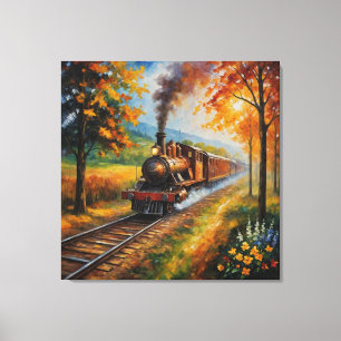 a painting of a train on the tracks canvas print