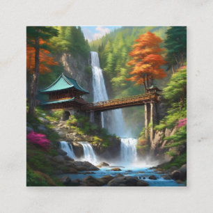 A painting of a waterfall in the middle of a fores square business card