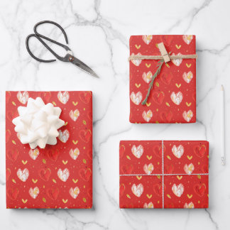 A painting of hearts on a red background wrapping paper sheet