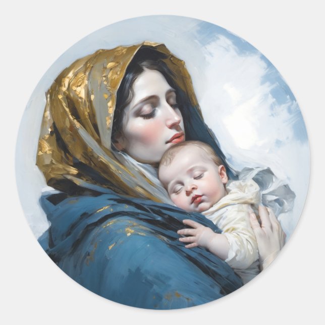 A painting of Mother Mary and Baby Jesus Classic Round Sticker (Front)