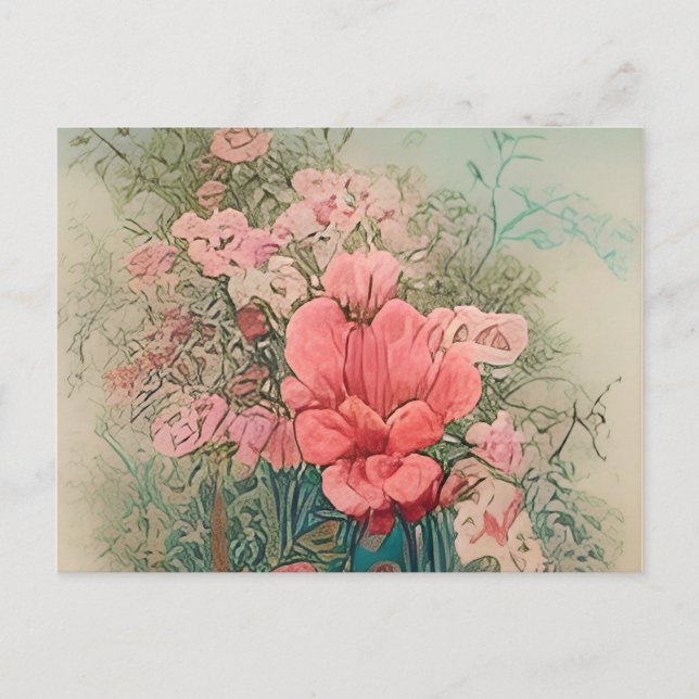 a painting of pink flowers in a blue vase invitation postcard (Front)