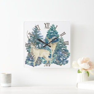 A Pair Of Deer In The Winter Forest Square Wall Clock